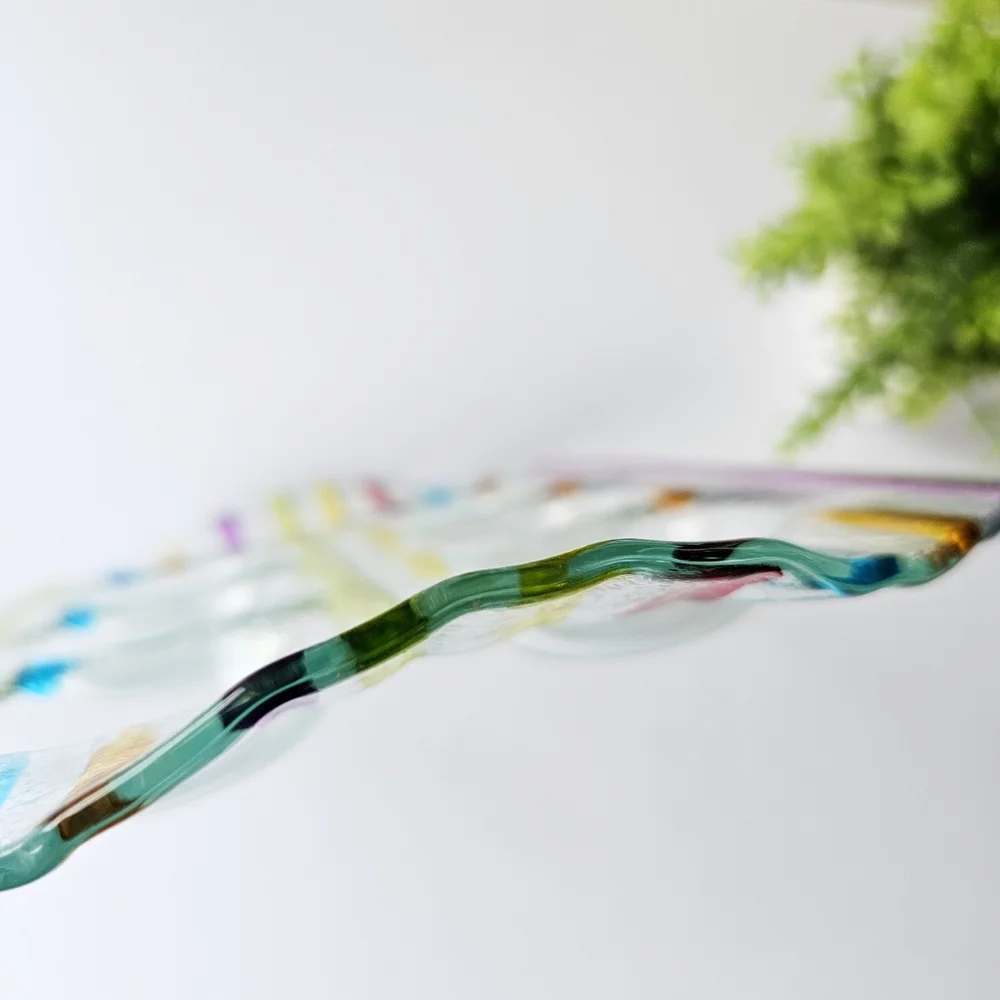Striped Contemporary Style Fused Glass Candle Holder Tray Six Tea Light Candles